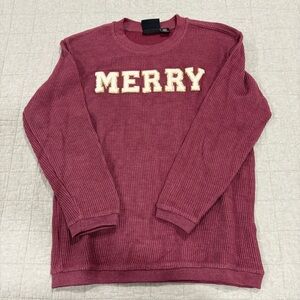 Pennant MERRY Corded Crewneck Sweatshirt Maroon Gold Size Small Christmas
